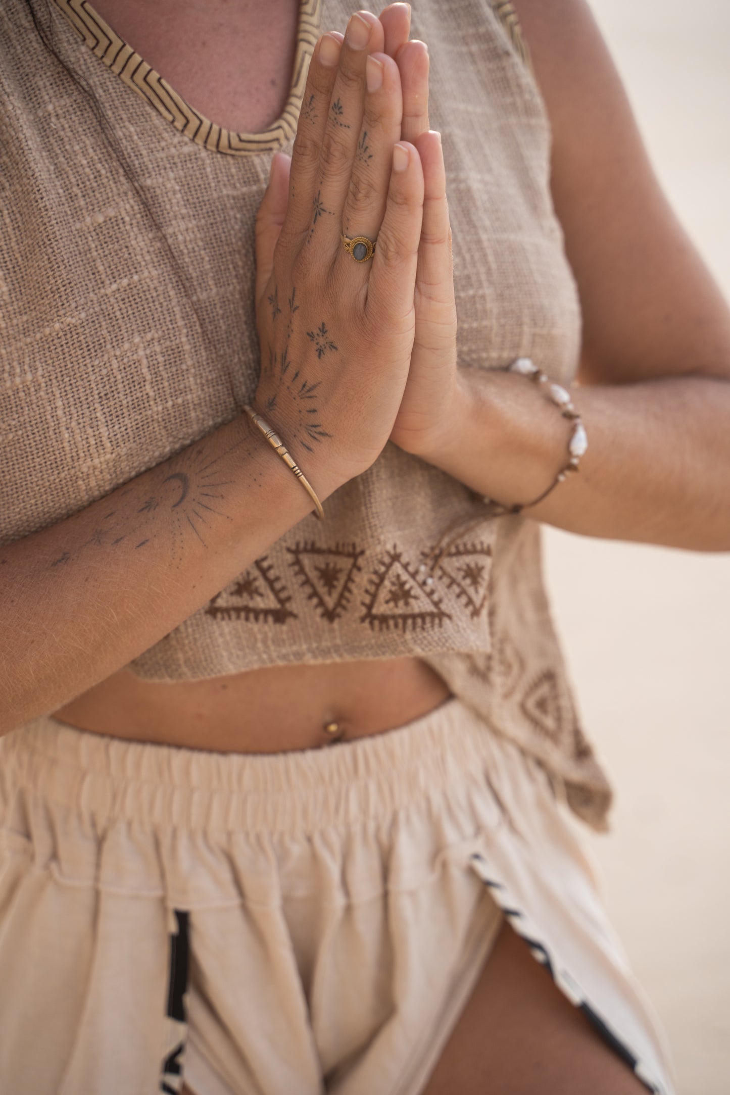 ELLA Crop Top Asymmetric Yoga Sleeveless Natural Cotton Block Printed Tribal Patterns V Neck Tank Shirt Festival Ceremony Pixie Boho AJJAYA