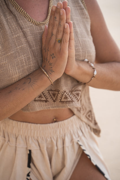 ELLA Crop Top Asymmetric Yoga Sleeveless Natural Cotton Block Printed Tribal Patterns V Neck Tank Shirt Festival Ceremony Pixie Boho AJJAYA