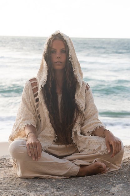 WIZARD Ceremony Womens Hooded Kimono Vest Ivory Beige Tribal Ritual Gypsy Festival Magic Ritual Alchemy Primitive Rave Boho Earthy AJJAYA