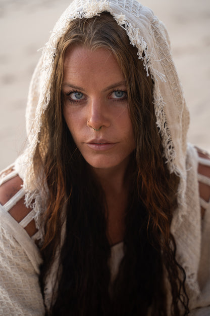 WIZARD Ceremony Womens Hooded Kimono Vest Ivory Beige Tribal Ritual Gypsy Festival Magic Ritual Alchemy Primitive Rave Boho Earthy AJJAYA