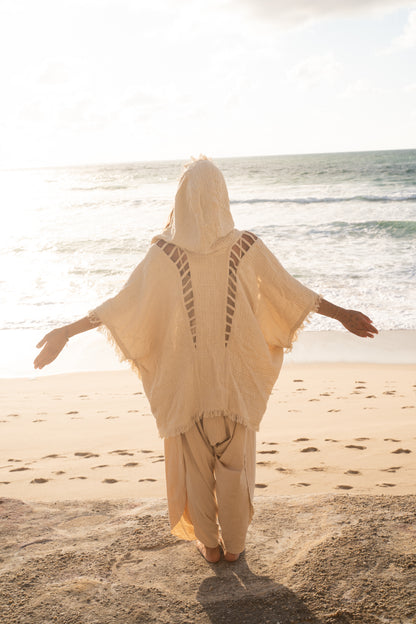 WIZARD Ceremony Womens Hooded Kimono Vest Ivory Beige Tribal Ritual Gypsy Festival Magic Ritual Alchemy Primitive Rave Boho Earthy AJJAYA