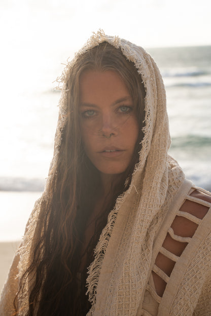 WIZARD Ceremony Womens Hooded Kimono Vest Ivory Beige Tribal Ritual Gypsy Festival Magic Ritual Alchemy Primitive Rave Boho Earthy AJJAYA