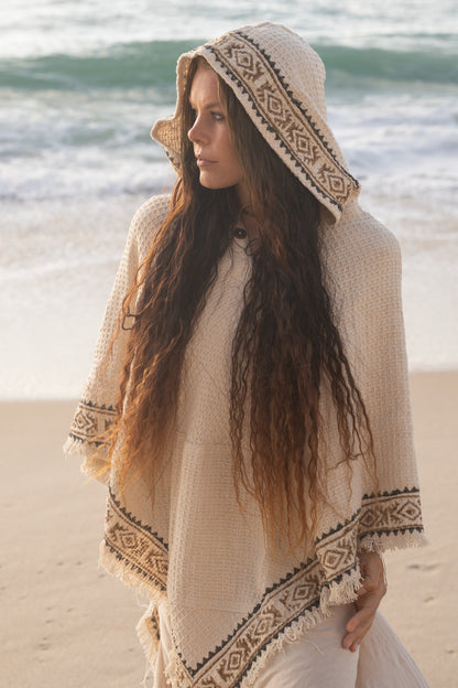 VECHO Cotton Poncho Beige Womens Hooded Vegan with Hood Block Printed Tribal Pattern Gypsy Festival Boho ceremony ritual AJJAYA