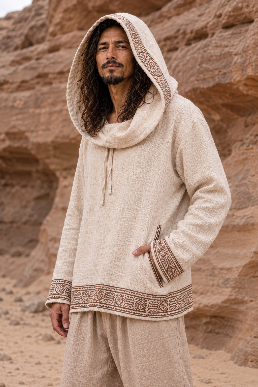 SUKKUN Mens Hoodie Jumper Block Printed Beige
