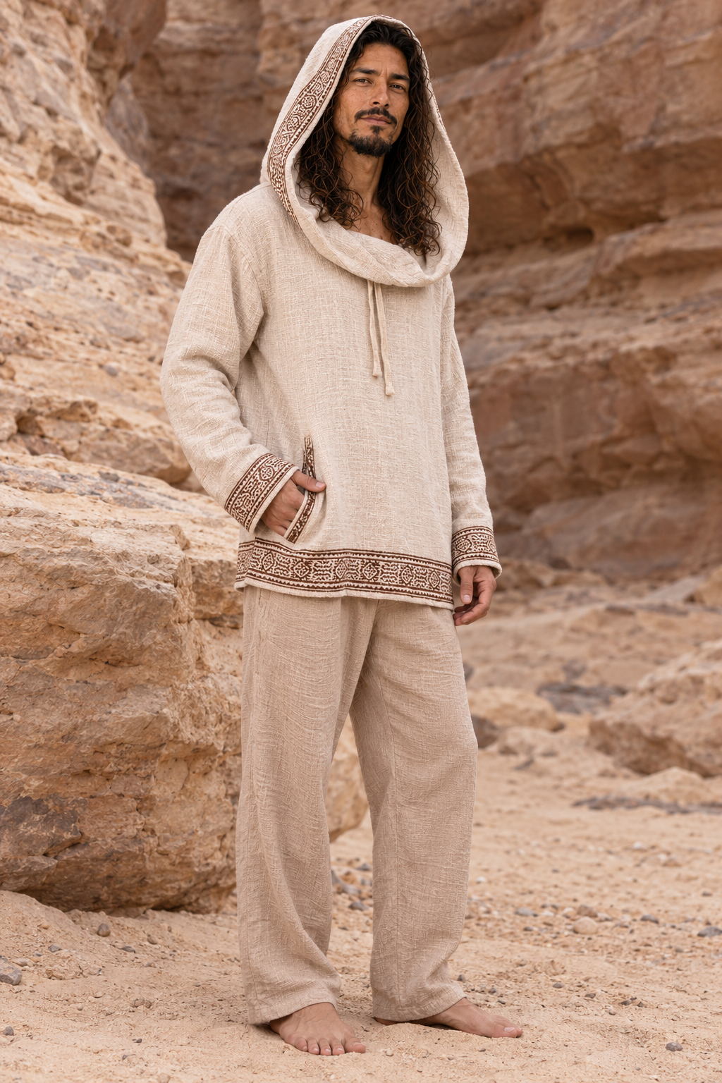 SUKKUN Mens Hoodie Jumper Block Printed Beige