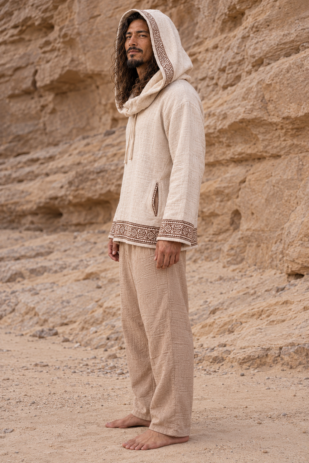 SUKKUN Mens Hoodie Jumper Block Printed Beige