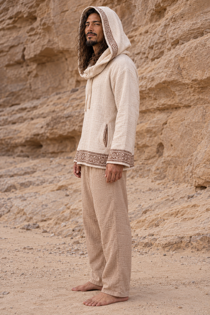 SUKKUN Mens Hoodie Jumper Block Printed Beige