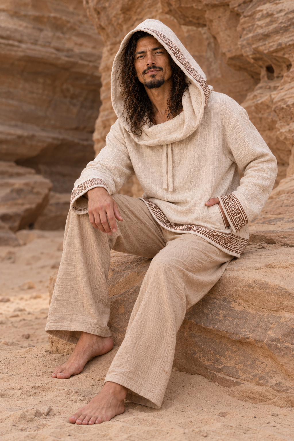SUKKUN Mens Hoodie Jumper Block Printed Beige