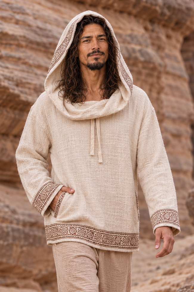 SUKKUN Mens Hoodie Jumper Block Printed Beige