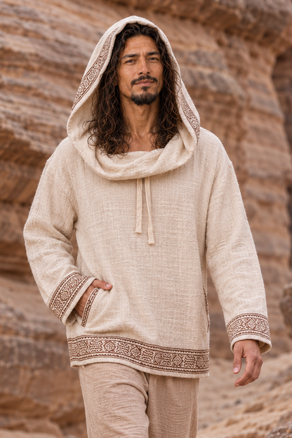 SUKKUN Mens Hoodie Jumper Block Printed Beige