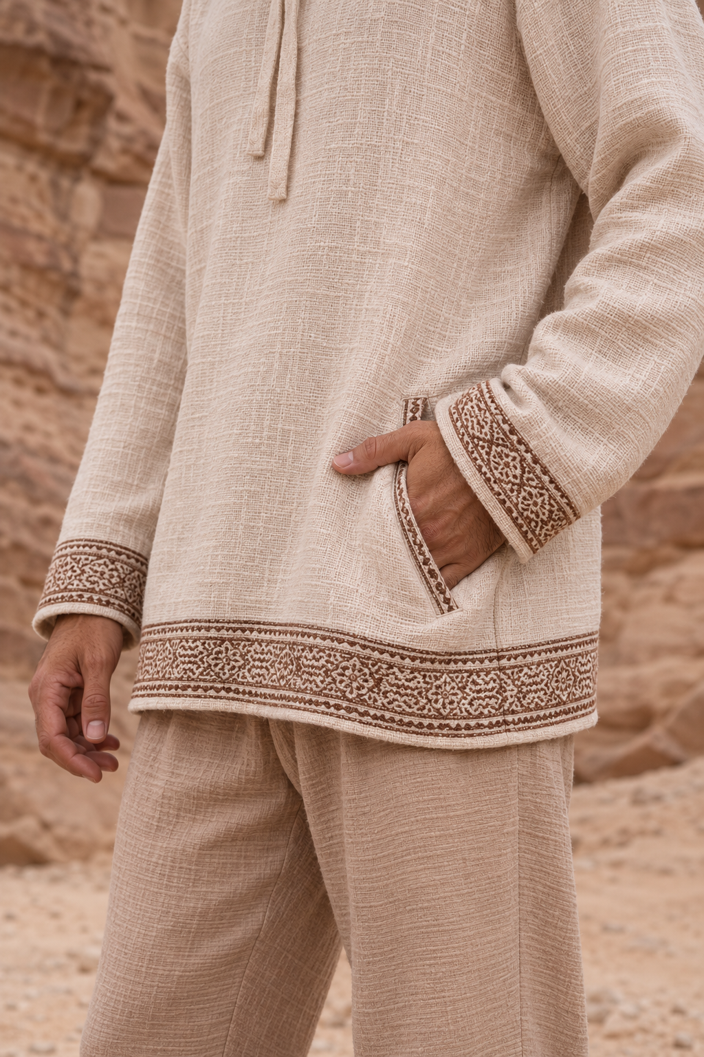 SUKKUN Mens Hoodie Jumper Block Printed Beige