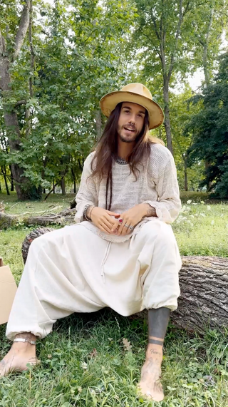 @manuel_hariombalance is wearing KUNTU Beige Netted Top Cotton Semi See-through Shirt Asymmetric Rugged Dystopian Apocalyptic Festival Tribal Cyberpunk Steampunk AJJAYA