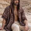 WIZARD Mens Hooded Kimono Vest Brown Tribal Pattern