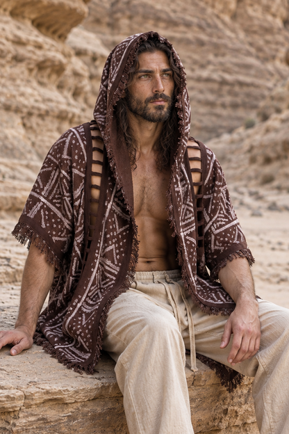 WIZARD Mens Hooded Kimono Vest Brown Tribal Pattern