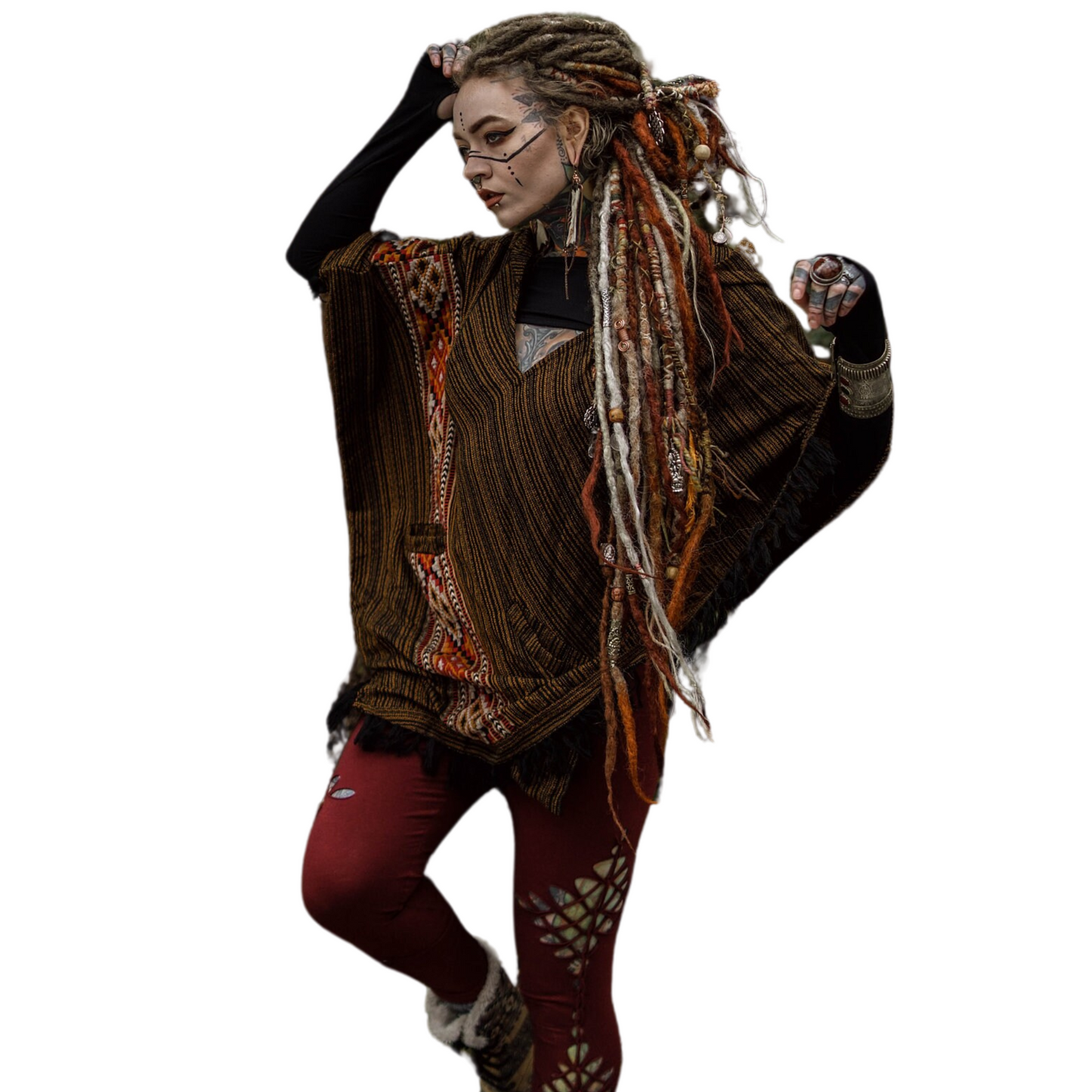 JHANA Poncho de Lana con Capucha para Mujer Verde, Bordado de Cachemira Tribal Bolsillos Gypsy Fairy Boho Festival Alternativa Nómada Primitivo Hippie