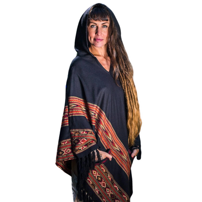SAMADHI Handmade Poncho Black With Large Hood and Pockets, Earthy Tribal Pattern Festival AJJAYA Mexican