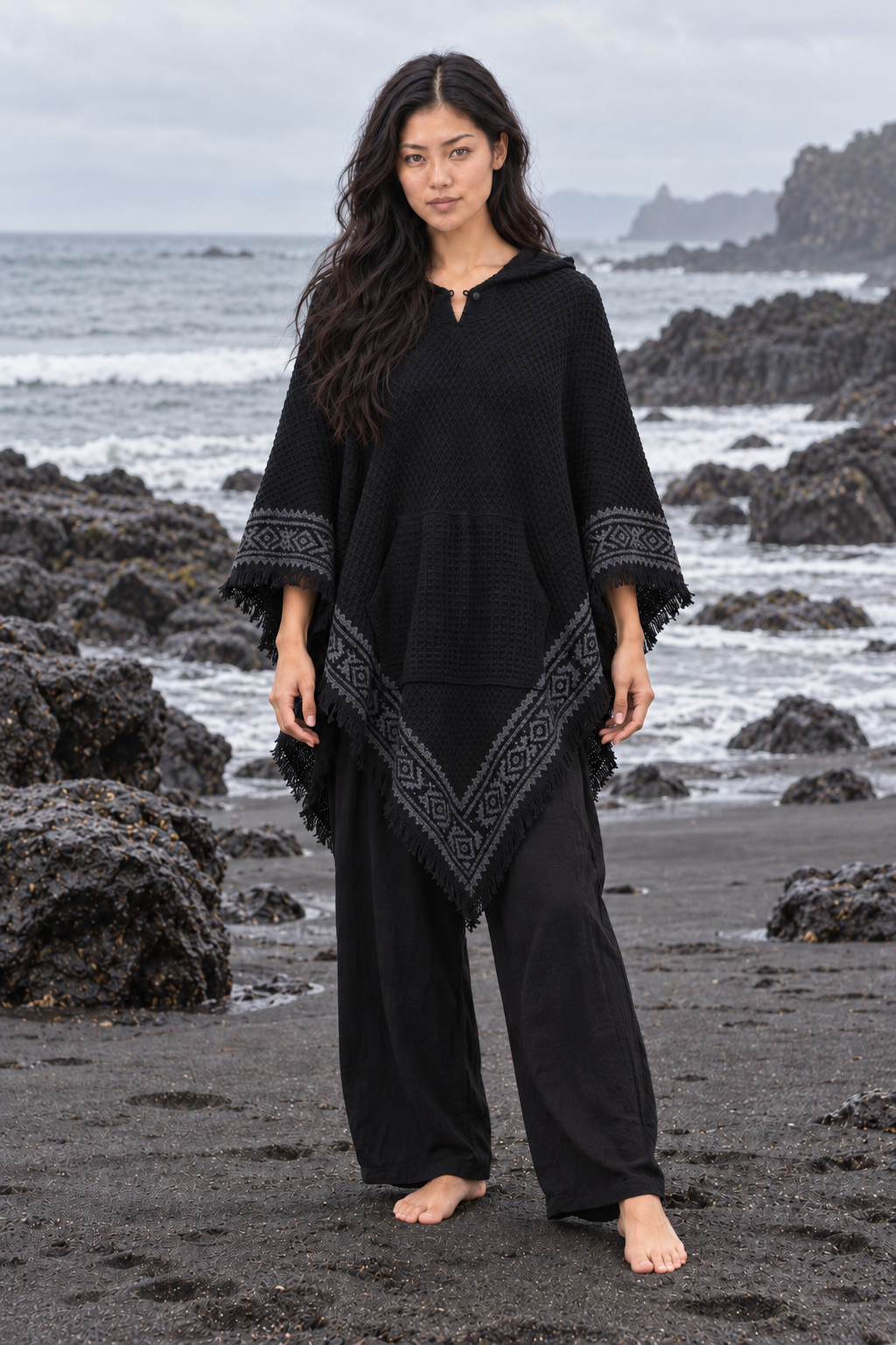 VECHO Poncho Beige Mujer Con Capucha Vegano Texturizado Algodón con Capucha Bloque Impreso Patrón Tribal Gypsy Festival Boho ceremonia ritual AJJAYA