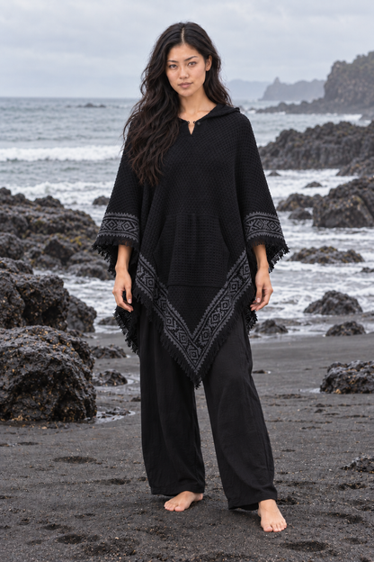 VECHO Poncho Beige Mujer Con Capucha Vegano Texturizado Algodón con Capucha Bloque Impreso Patrón Tribal Gypsy Festival Boho ceremonia ritual AJJAYA