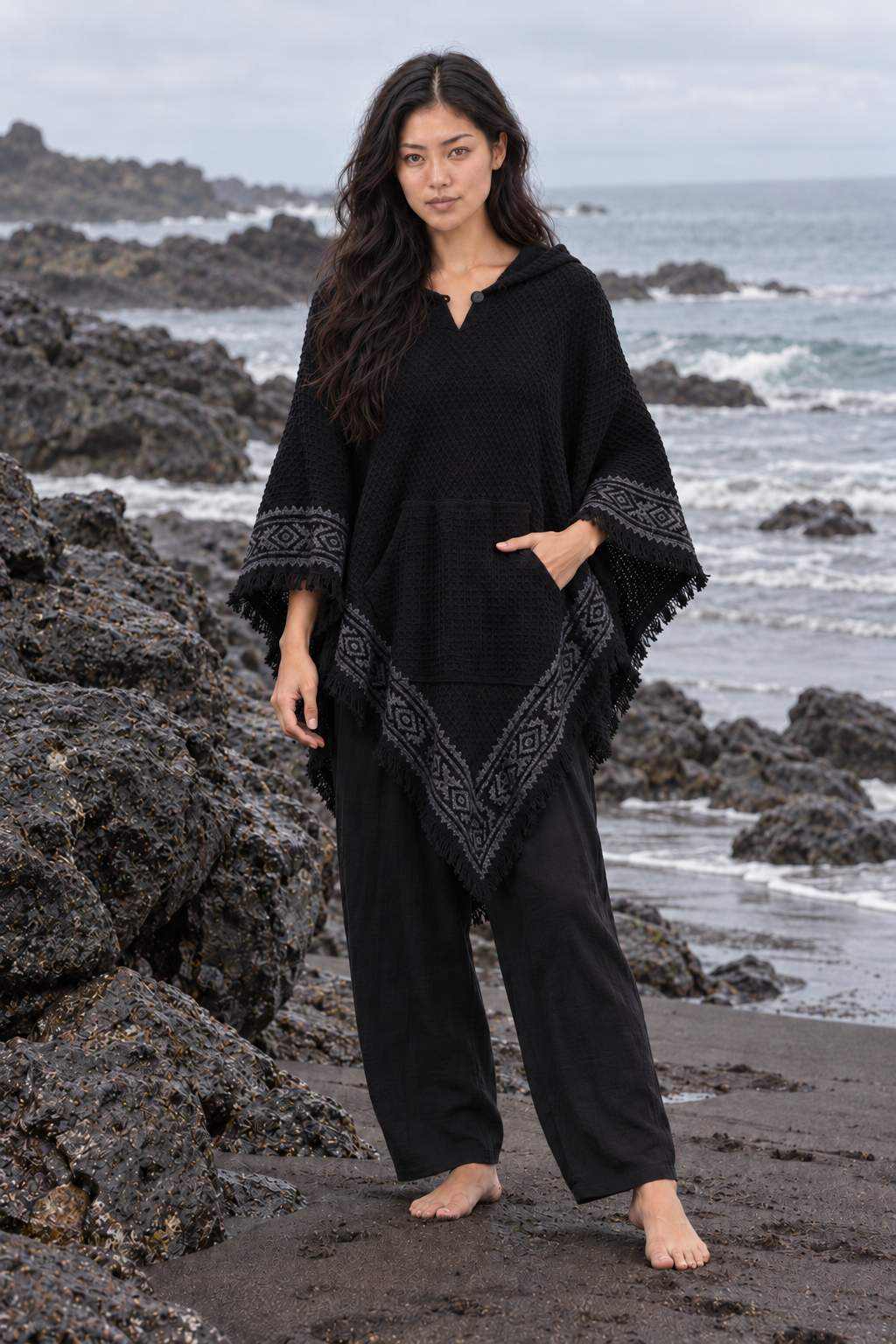 VECHO Poncho Beige Mujer Con Capucha Vegano Texturizado Algodón con Capucha Bloque Impreso Patrón Tribal Gypsy Festival Boho ceremonia ritual AJJAYA