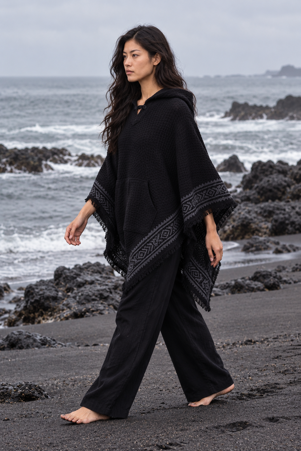 VECHO Poncho Beige Mujer Con Capucha Vegano Texturizado Algodón con Capucha Bloque Impreso Patrón Tribal Gypsy Festival Boho ceremonia ritual AJJAYA