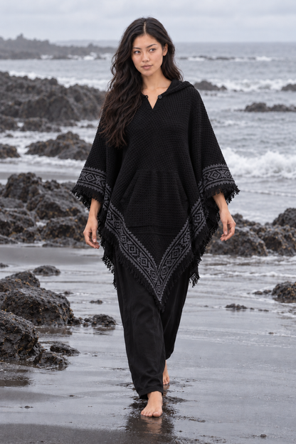 VECHO Poncho Beige Mujer Con Capucha Vegano Texturizado Algodón con Capucha Bloque Impreso Patrón Tribal Gypsy Festival Boho ceremonia ritual AJJAYA