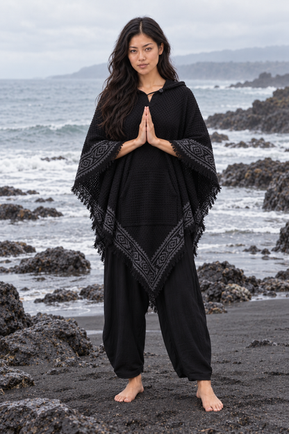 VECHO Poncho Beige Mujer Con Capucha Vegano Texturizado Algodón con Capucha Bloque Impreso Patrón Tribal Gypsy Festival Boho ceremonia ritual AJJAYA