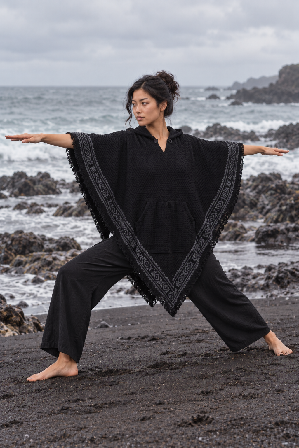 VECHO Poncho Beige Mujer Con Capucha Vegano Texturizado Algodón con Capucha Bloque Impreso Patrón Tribal Gypsy Festival Boho ceremonia ritual AJJAYA