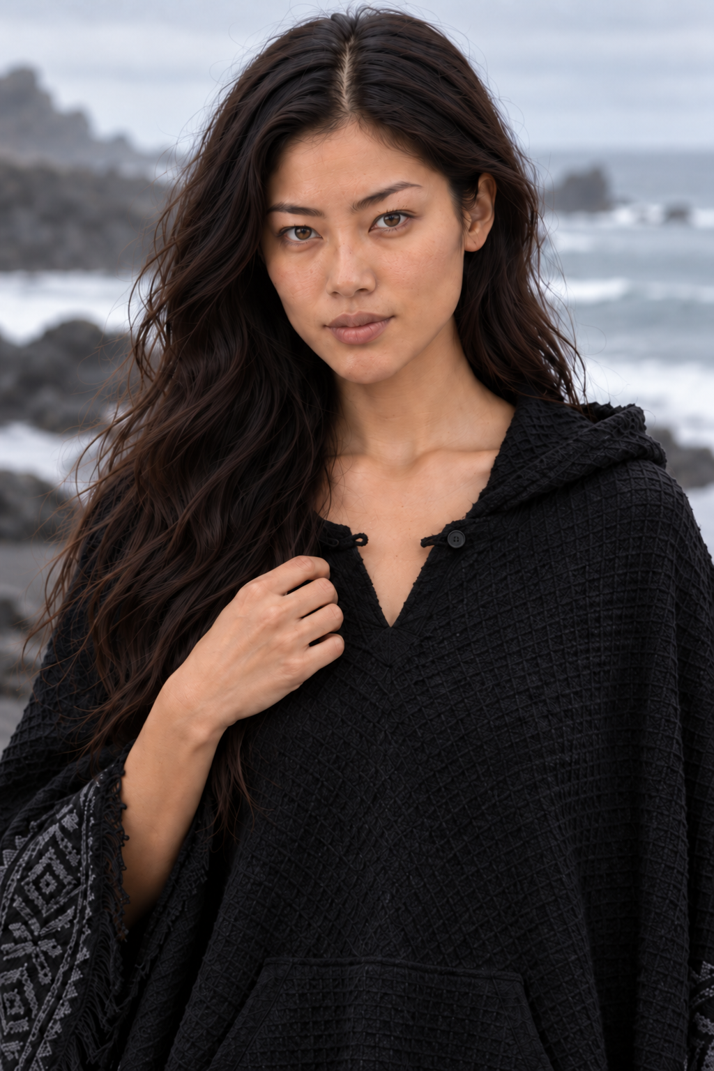 VECHO Poncho Beige Mujer Con Capucha Vegano Texturizado Algodón con Capucha Bloque Impreso Patrón Tribal Gypsy Festival Boho ceremonia ritual AJJAYA