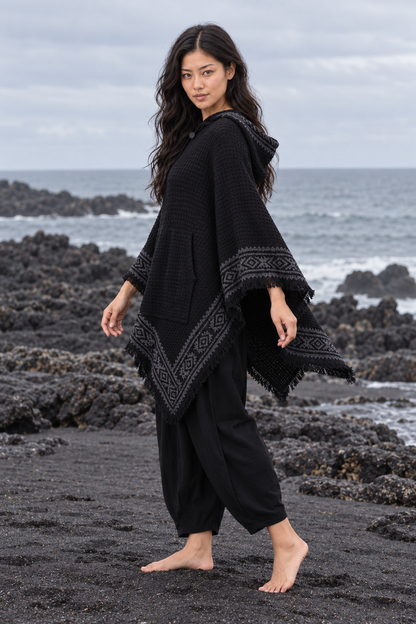 VECHO Poncho Beige Mujer Con Capucha Vegano Texturizado Algodón con Capucha Bloque Impreso Patrón Tribal Gypsy Festival Boho ceremonia ritual AJJAYA
