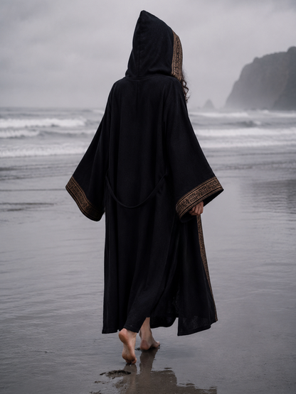 AYAWA Damen Kimono Cape Robe Beige Creme Kapuze Shipibo Heilige Muster Zeremonie Ritual Schamane Tribal Schal Wikinger Festival Wrap AJJAYA