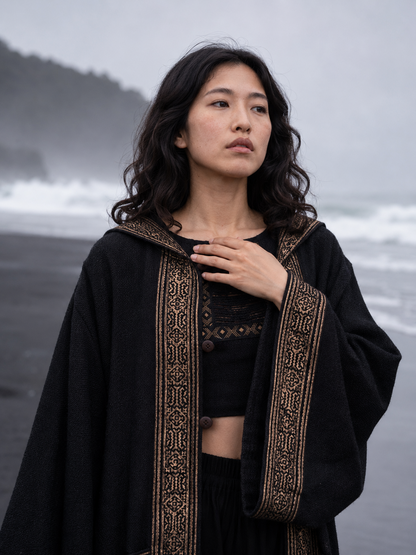 AYAWA Damen Kimono Cape Robe Beige Creme Kapuze Shipibo Heilige Muster Zeremonie Ritual Schamane Tribal Schal Wikinger Festival Wrap AJJAYA