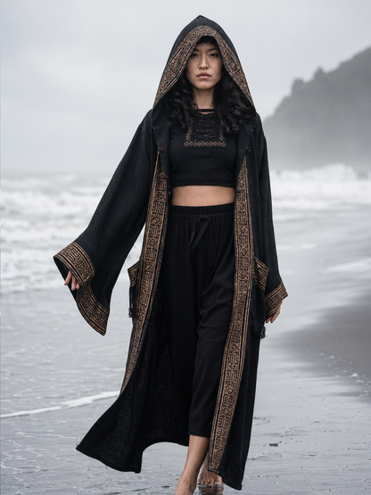 AYAWA Damen Kimono Cape Robe Beige Creme Kapuze Shipibo Heilige Muster Zeremonie Ritual Schamane Tribal Schal Wikinger Festival Wrap AJJAYA