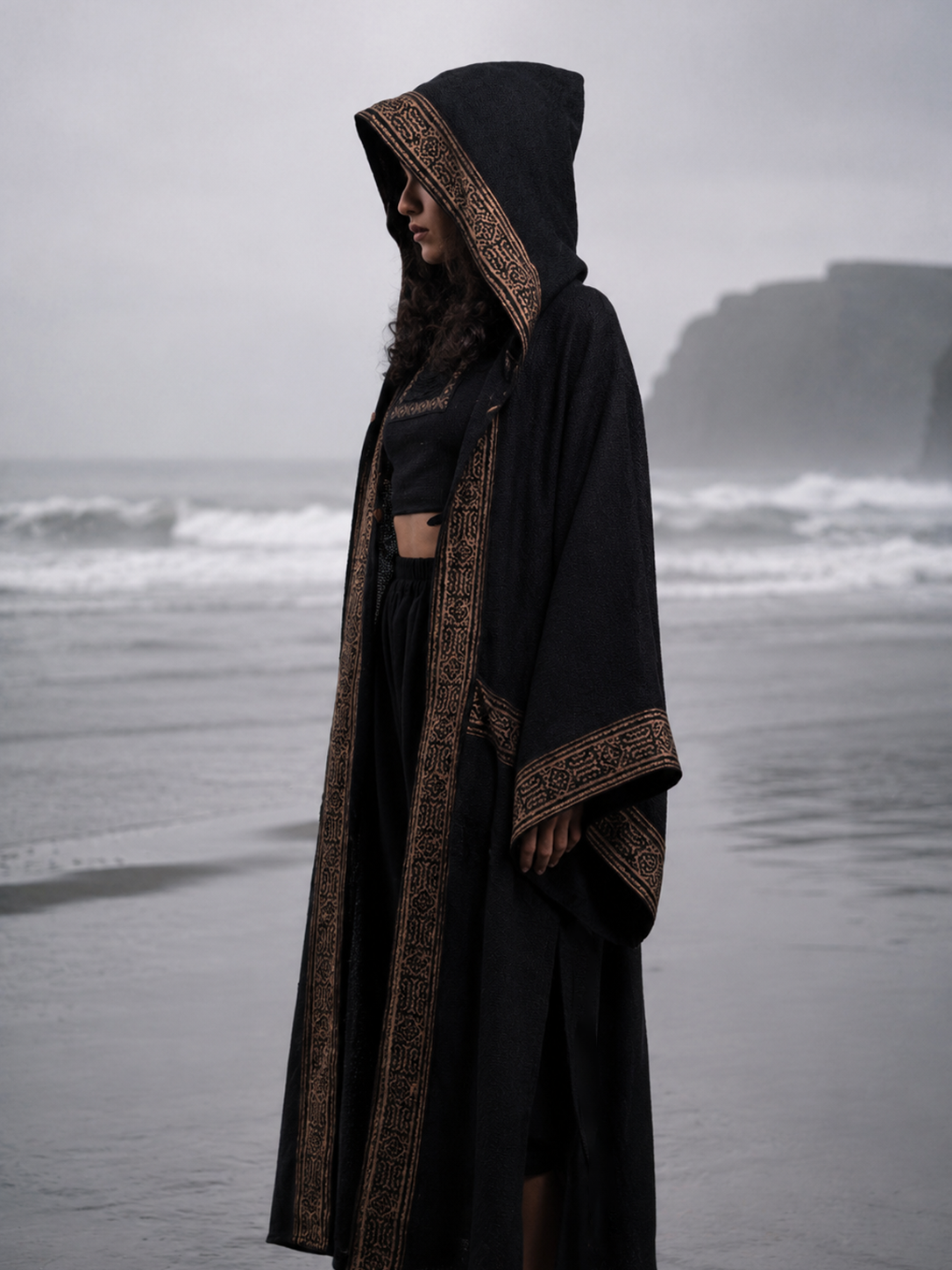 AYAWA Damen Kimono Cape Robe Beige Creme Kapuze Shipibo Heilige Muster Zeremonie Ritual Schamane Tribal Schal Wikinger Festival Wrap AJJAYA