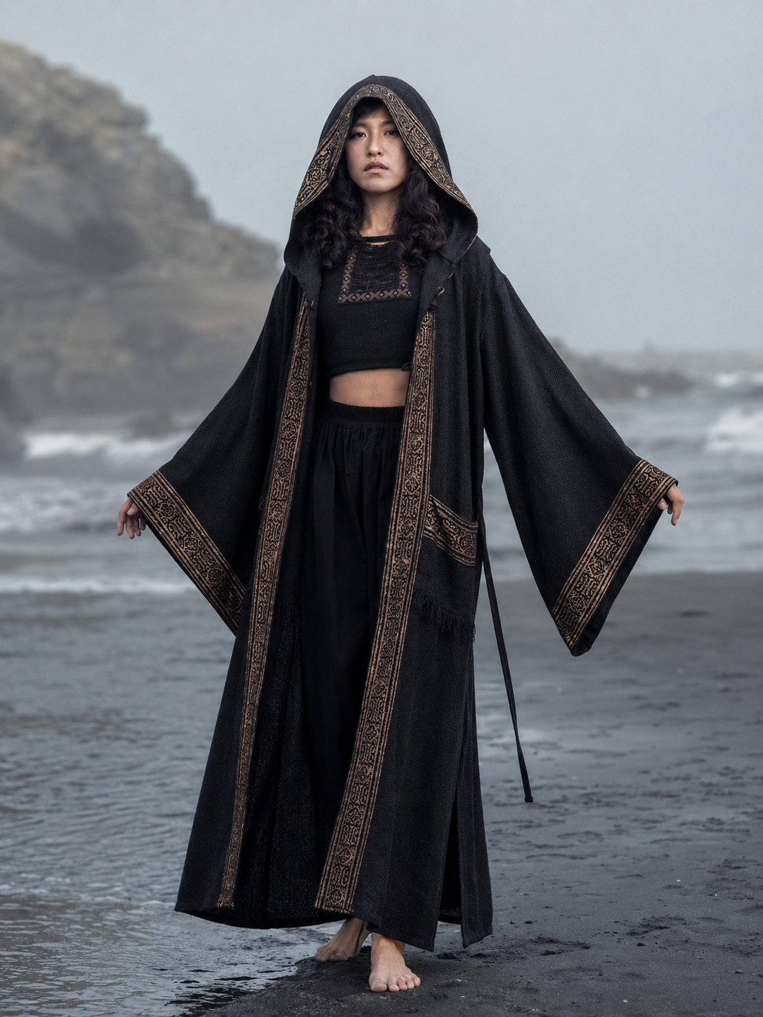 AYAWA Damen Kimono Cape Robe Beige Creme Kapuze Shipibo Heilige Muster Zeremonie Ritual Schamane Tribal Schal Wikinger Festival Wrap AJJAYA