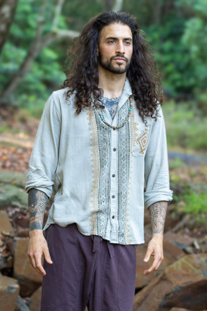 PABLO Mens Loose Button Down Collar Shirt Cotton Long Sleeve Top Naturally Dyed Block Printed Pattern Front Pocket Handmade
