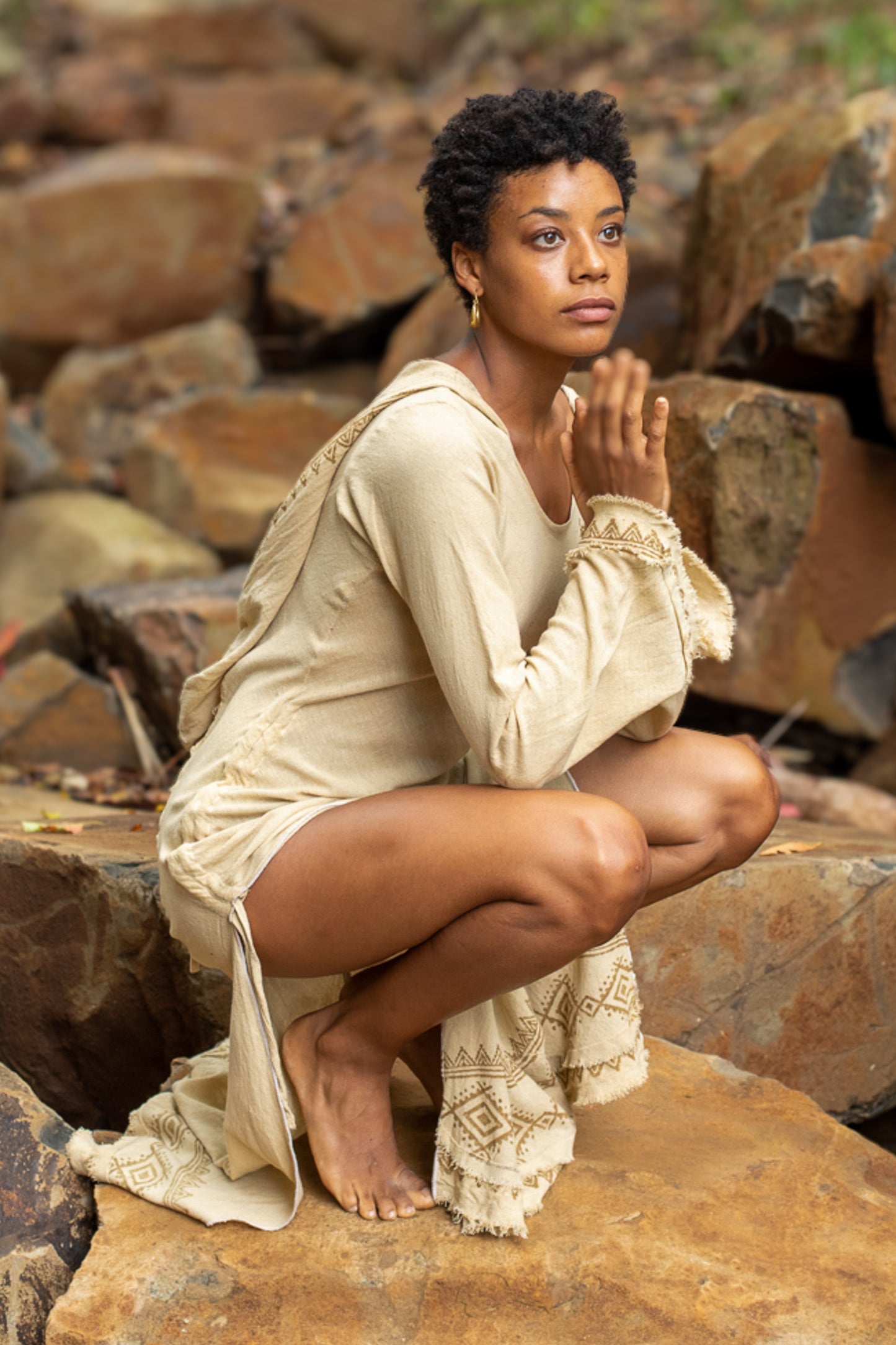 MISTIK Dress Evening Night Beige Long Sleeve Hooded Ankle Length Natural Dyed Cotton Block Printed Pattern Fairy Gypsy Boho Festival AJJAYA