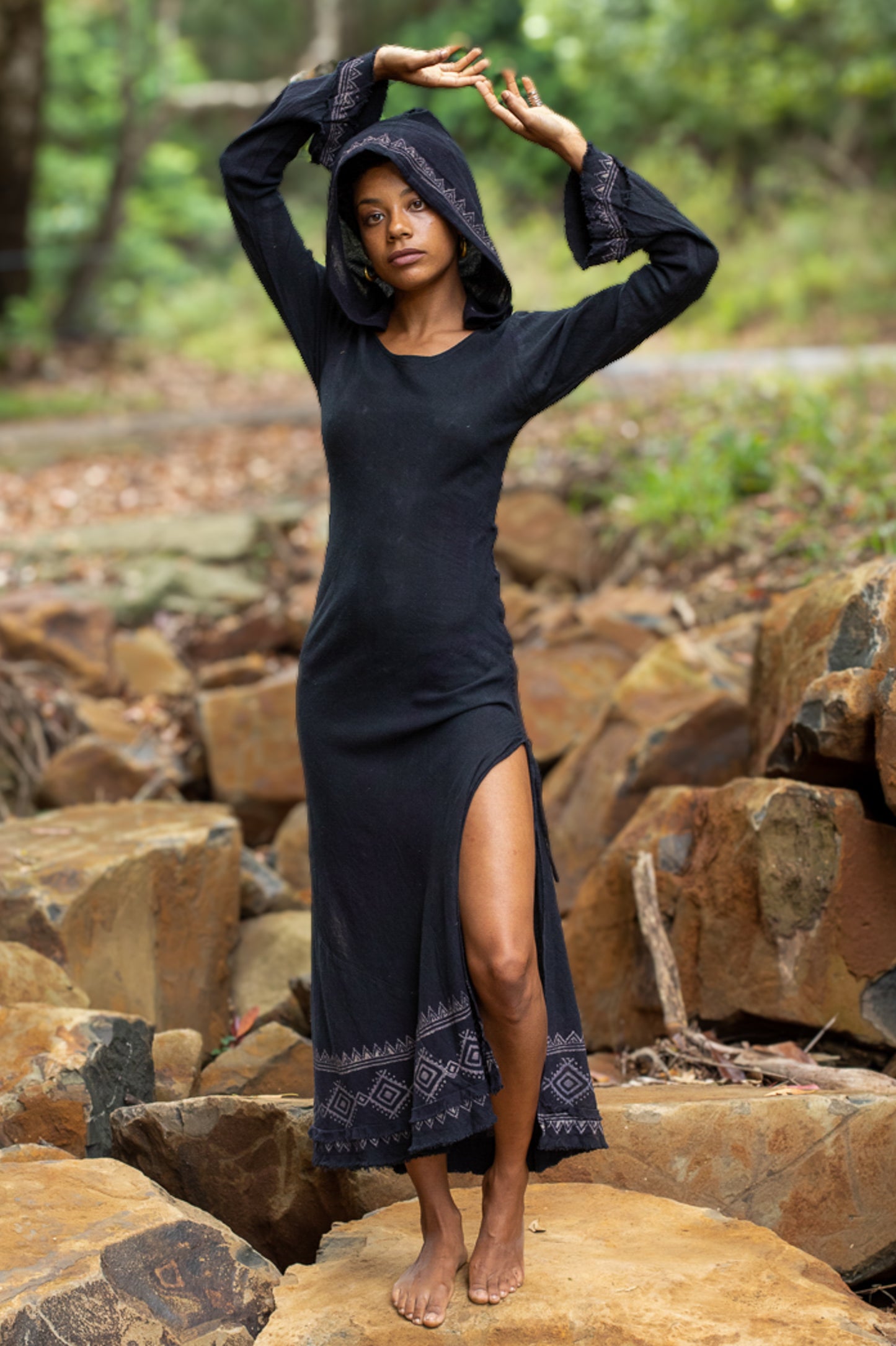 MISTIK Dress Maxi Night Long Sleeve Hooded Ankle Length Natural Dyed Cotton Block Printed Pattern Boho Festival AJJAYA