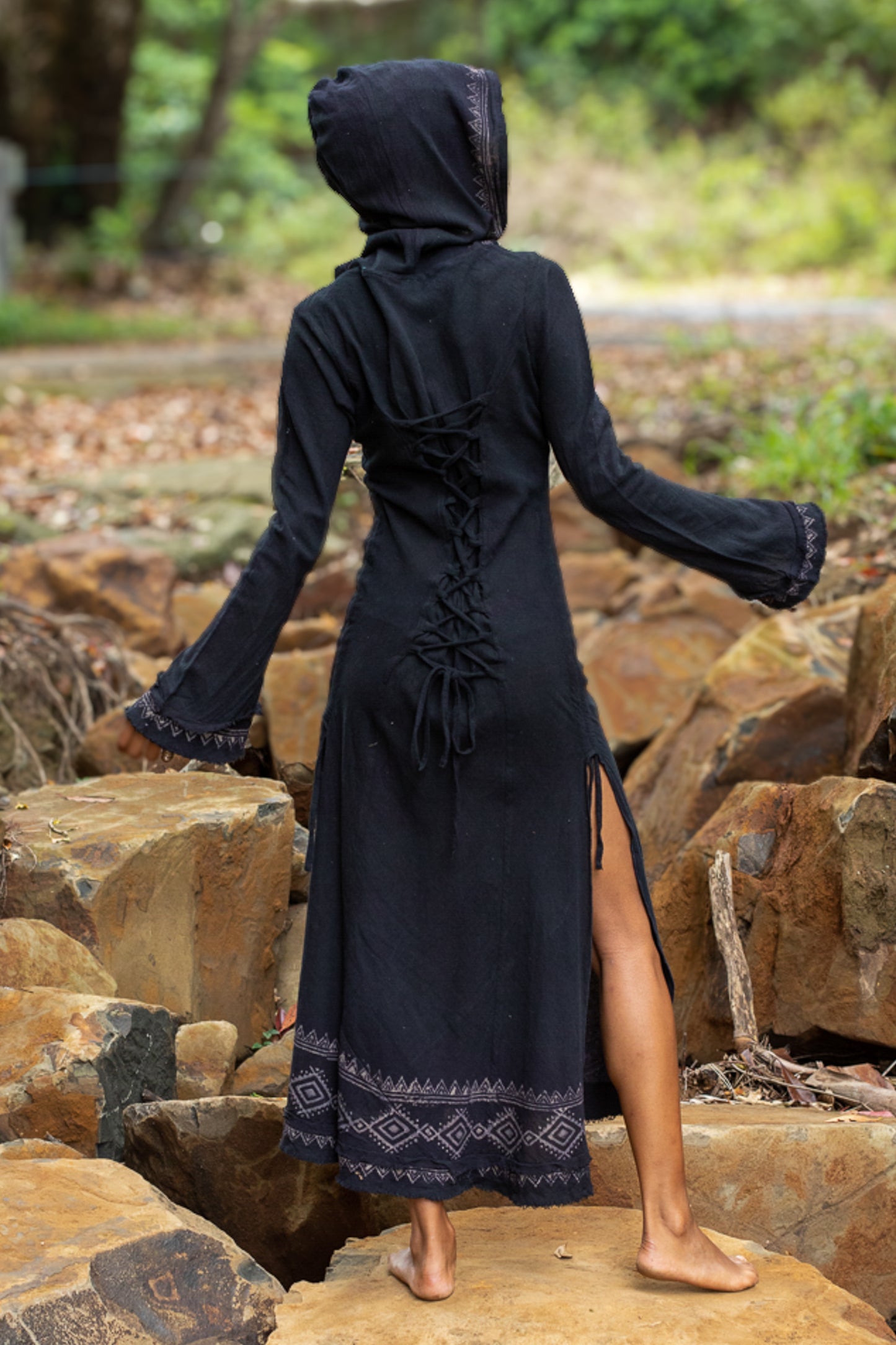 MISTIK Dress Maxi Night Long Sleeve Hooded Ankle Length Natural Dyed Cotton Block Printed Pattern Boho Festival AJJAYA