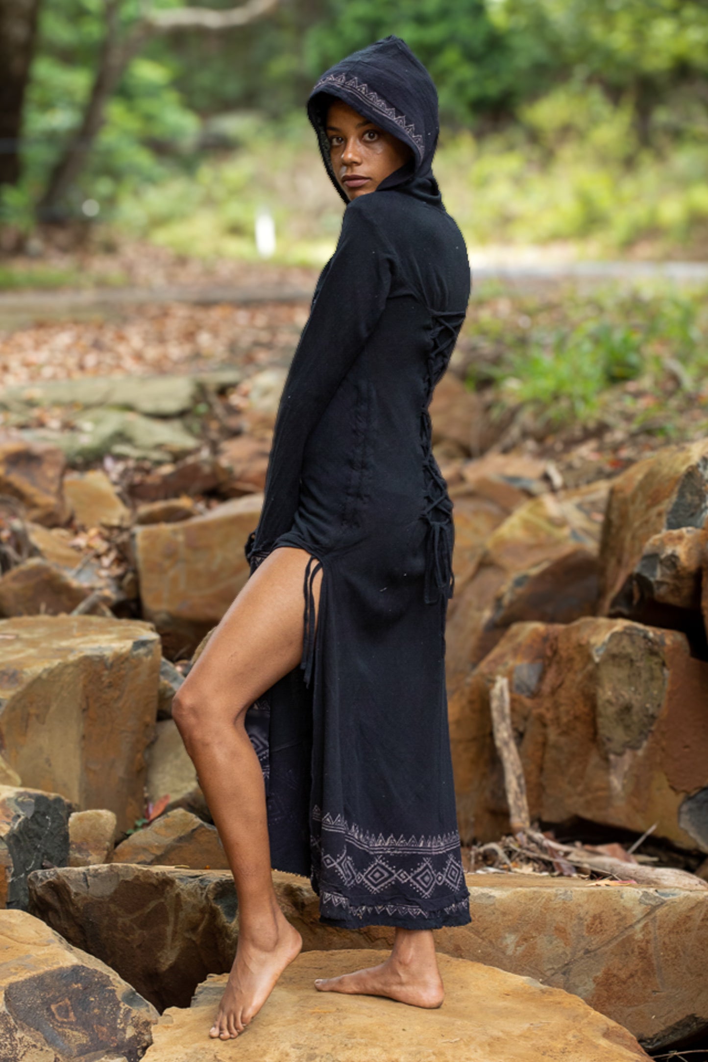 MISTIK Dress Maxi Night Long Sleeve Hooded Ankle Length Natural Dyed Cotton Block Printed Pattern Boho Festival AJJAYA