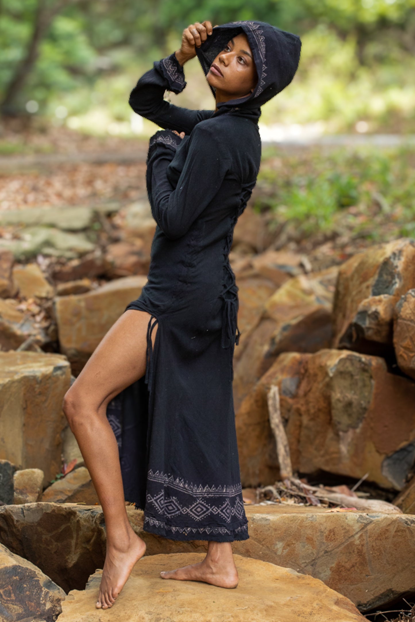 MISTIK Dress Maxi Night Long Sleeve Hooded Ankle Length Natural Dyed Cotton Block Printed Pattern Boho Festival AJJAYA