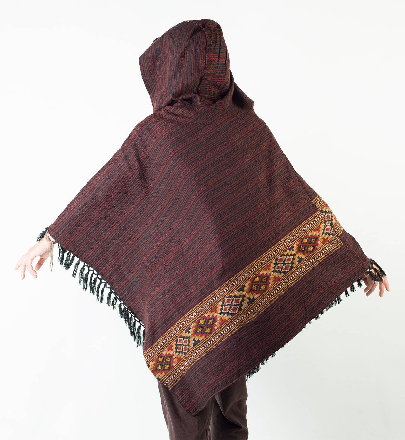 JHANA Poncho de Lana con Capucha para Mujer Verde, Bordado de Cachemira Tribal Bolsillos Gypsy Fairy Boho Festival Alternativa Nómada Primitivo Hippie