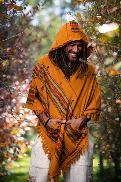 HODDI Mens Hooded Poncho Pockets Tribal Embroidery Celtic Festival Rave Mexican Primitive Large Hood AJJAYA