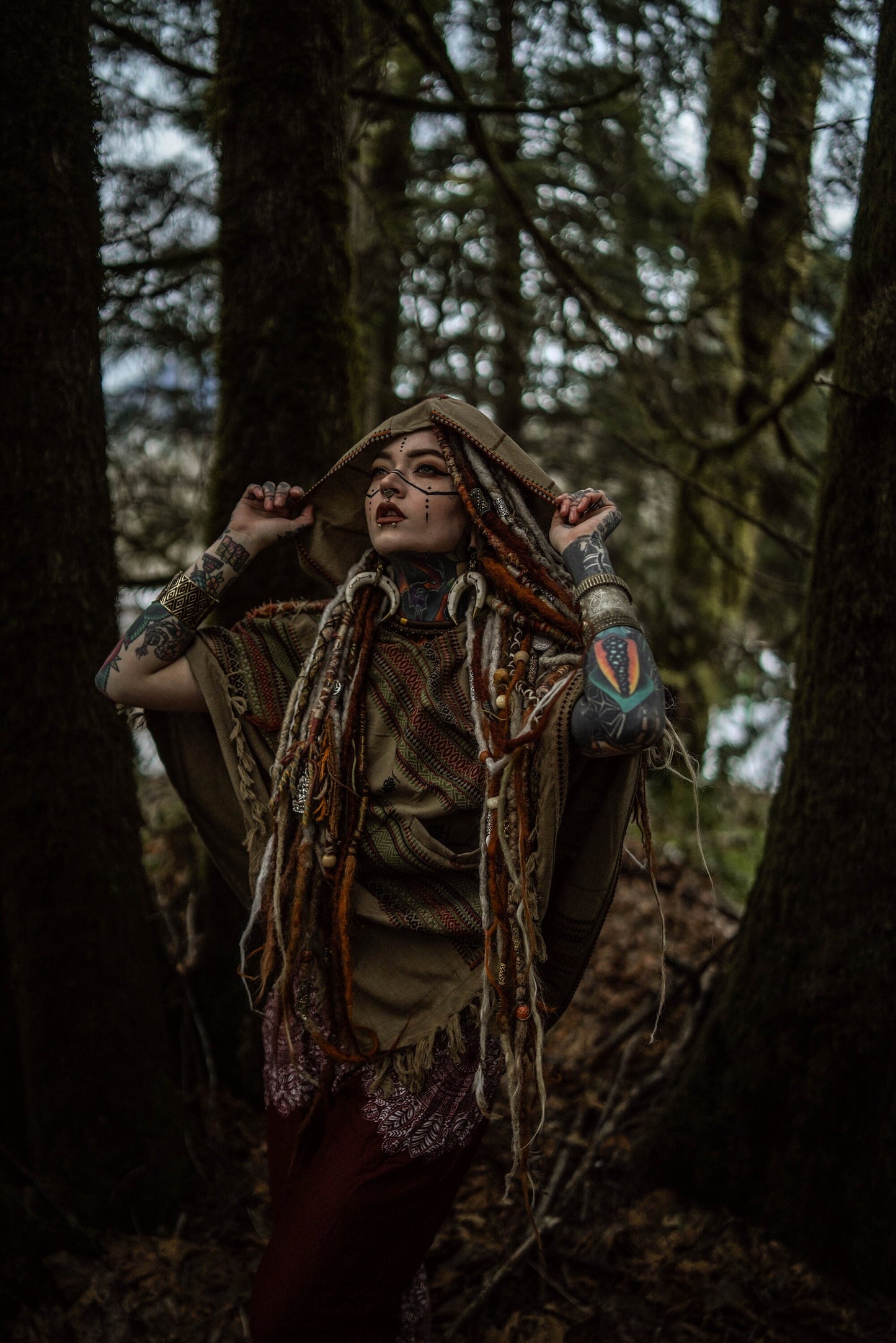 HODDI Handmade Desert Sand Poncho with Hood Earthy Tribal Pattern Festival AJJAYA Mens Wear Mexican Primitive