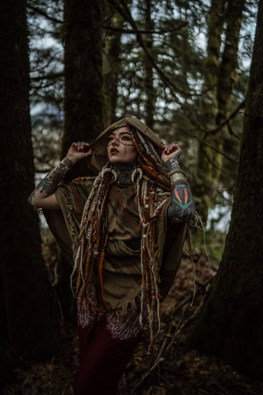 HODDI Handmade Desert Sand Poncho with Hood Earthy Tribal Pattern Festival AJJAYA Mens Wear Mexican Primitive