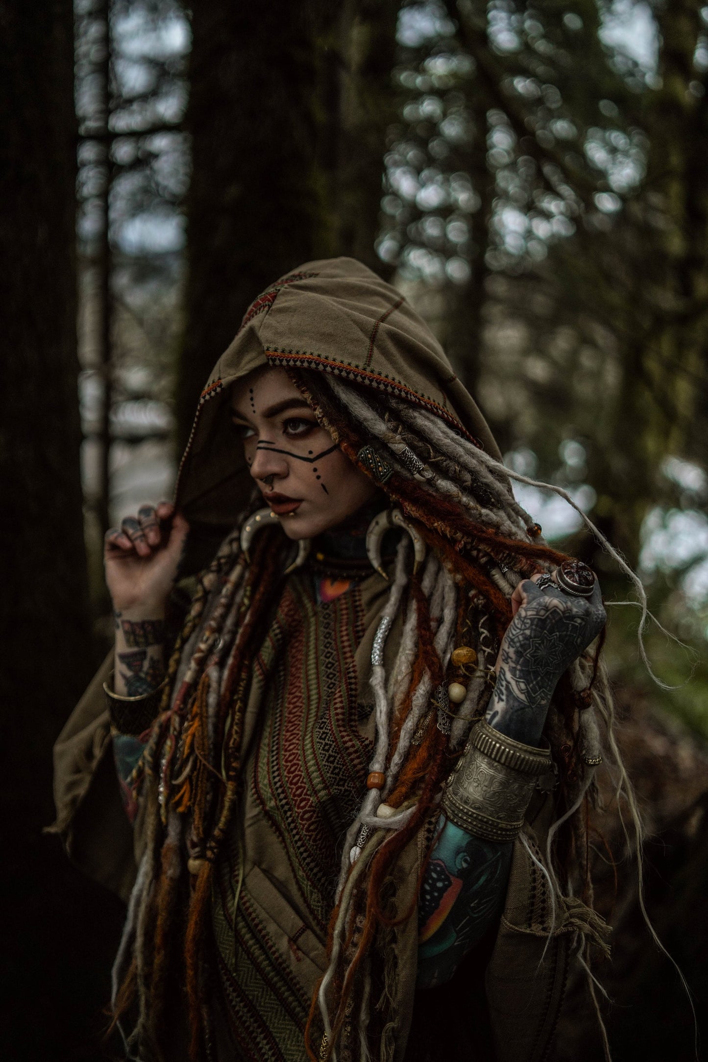 HODDI Handmade Desert Sand Poncho with Hood Earthy Tribal Pattern Festival AJJAYA Mens Wear Mexican Primitive