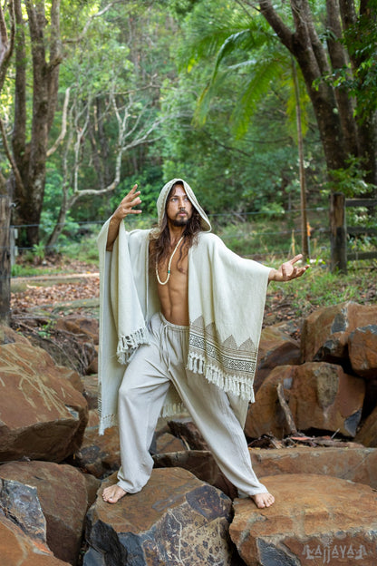 ANAGAMI Beige Crema Con Capucha Kimono Cabo Poncho Túnica Bloque Impreso Teñido Natural Ceremonia Ritual Chamán Tribal Alquimia Chal Sagrado Envoltura AJJAYA