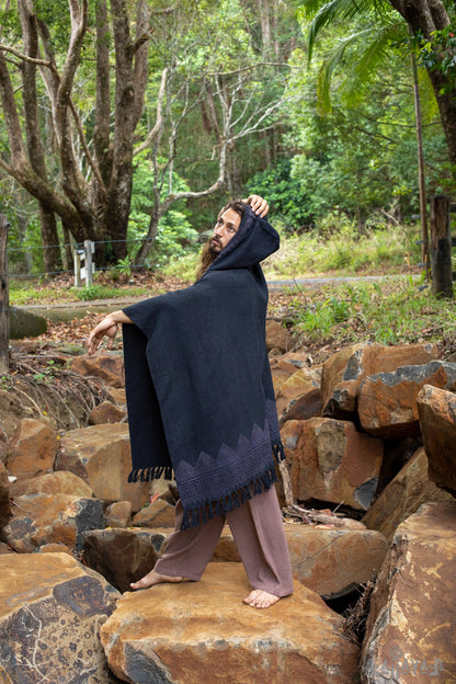 ANAGAMI Beige Crema Con Capucha Kimono Cabo Poncho Túnica Bloque Impreso Teñido Natural Ceremonia Ritual Chamán Tribal Alquimia Chal Sagrado Envoltura AJJAYA