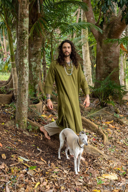 YOSEPH Vestido arameo verde Kurta Top largo Camisa de vestir para hombre Bíblico Algodón natural Tejido a mano Bloque Estampado Natural Planta Tinte Ceremonia AJJAYA