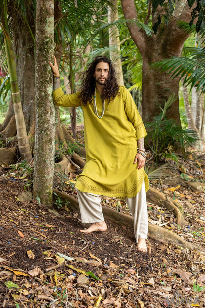 YOSEPH Vestido arameo verde Kurta Top largo Camisa de vestir para hombre Bíblico Algodón natural Tejido a mano Bloque Estampado Natural Planta Tinte Ceremonia AJJAYA