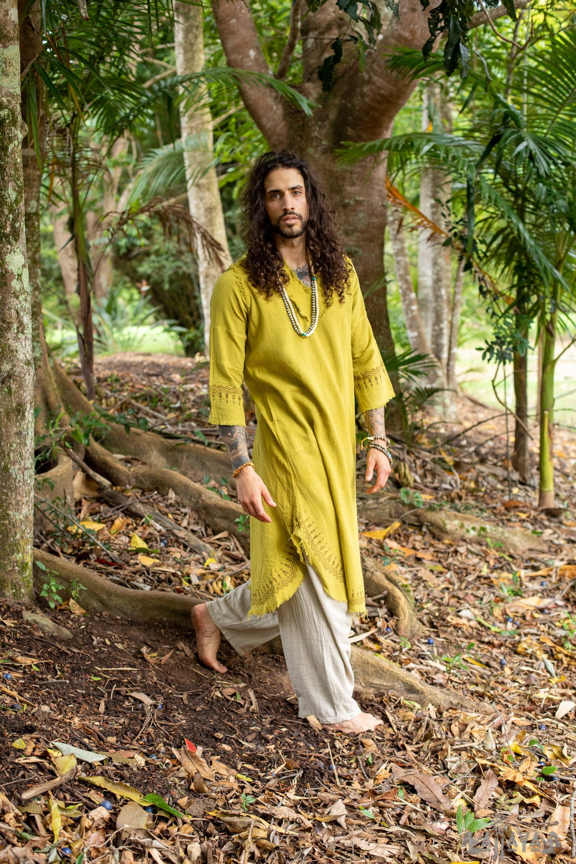 YOSEPHグリーンアラムガウンクルタロングトップメンズドレスシャツ聖書の天然綿手織りブロックプリント天然植物染料セレモニーAJJAYA